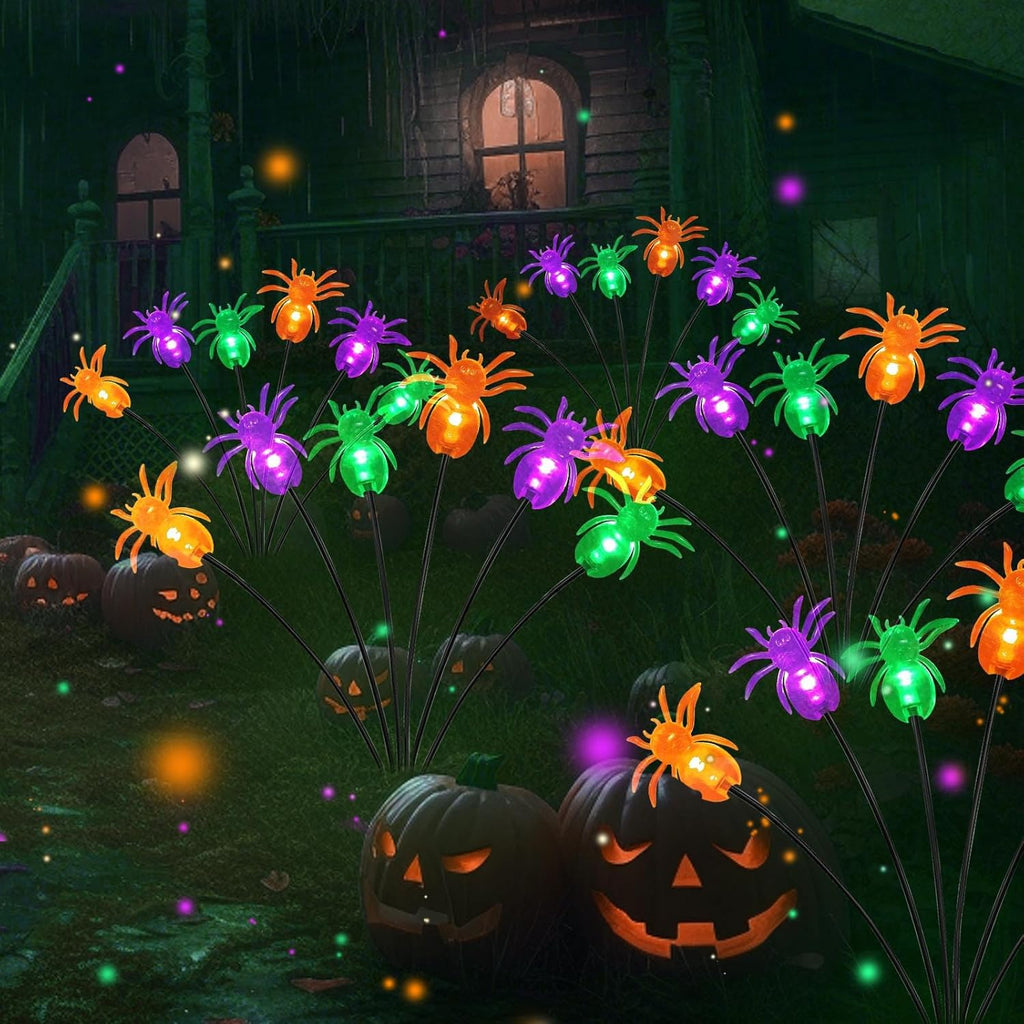 6Pack 36LED Purple, Orange and Green Spider Solar Halloween Lights Outdoor, Solar Swaying Firefly Lights with Spider, Waterproof for Yard, Garden, Pathway, Halloween Decorations